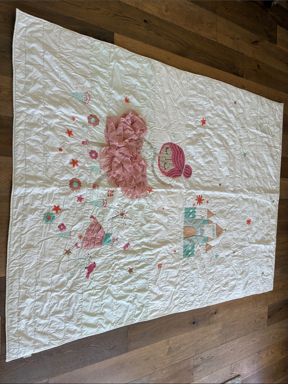 Crate&Barrel White Quilt with Pink and Teal Princess Appliqué